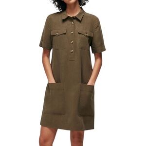 Whistles Utility Linen Blend Button Detail Pockets Shift Dress Size 12 Khaki